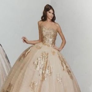 Quinceañera/Sweet 16 champagne dress with gold details(second pic w/o crinoline)